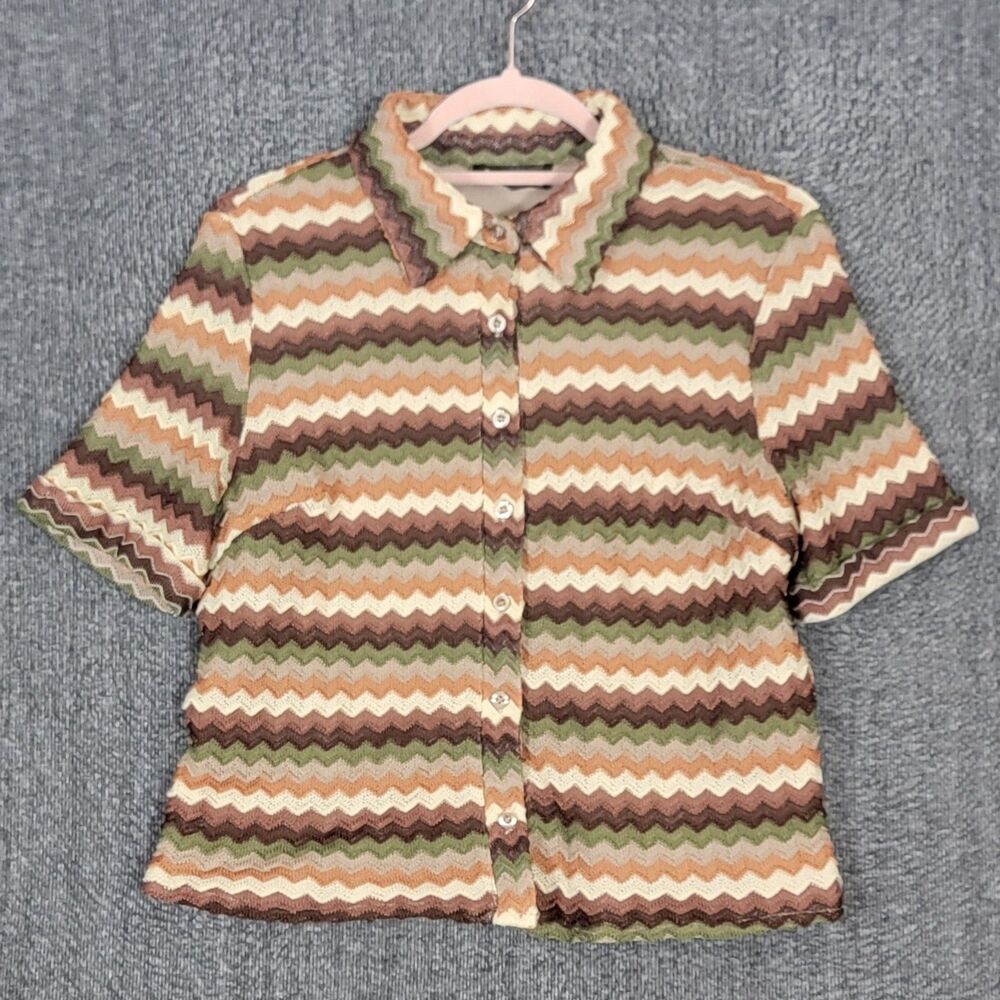 Lulumari Shirt Womens Medium Brown Green Zip Zag Button-Up Retro Crop Top Blouse